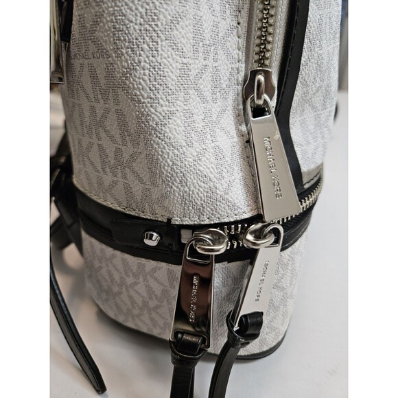 Michael Kors Rhea Zip Backpack Black and White Silver-Color Hardware